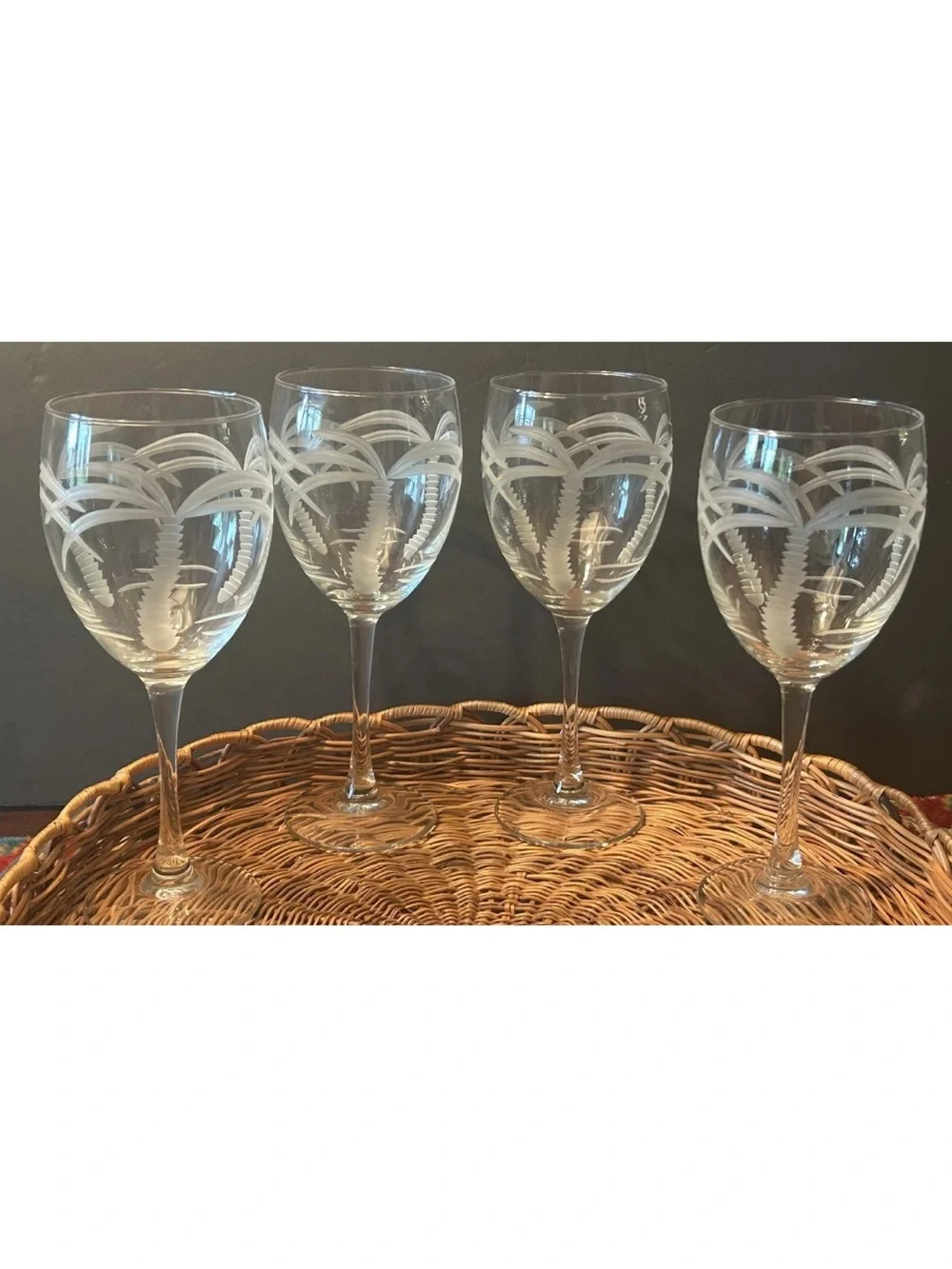 4 Rolfs Etched Palm Tree Wine Glasses Goblets Clear Footed Excellent 7
